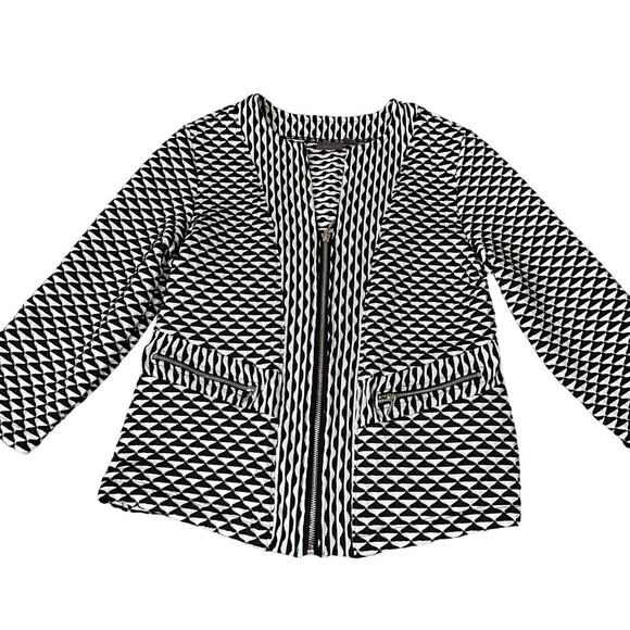 Chicos Travelers blazer Black White Jacquard Textured Zip Jacket 3/4 Sleeve SZ 0 - Picture 2 of 9
